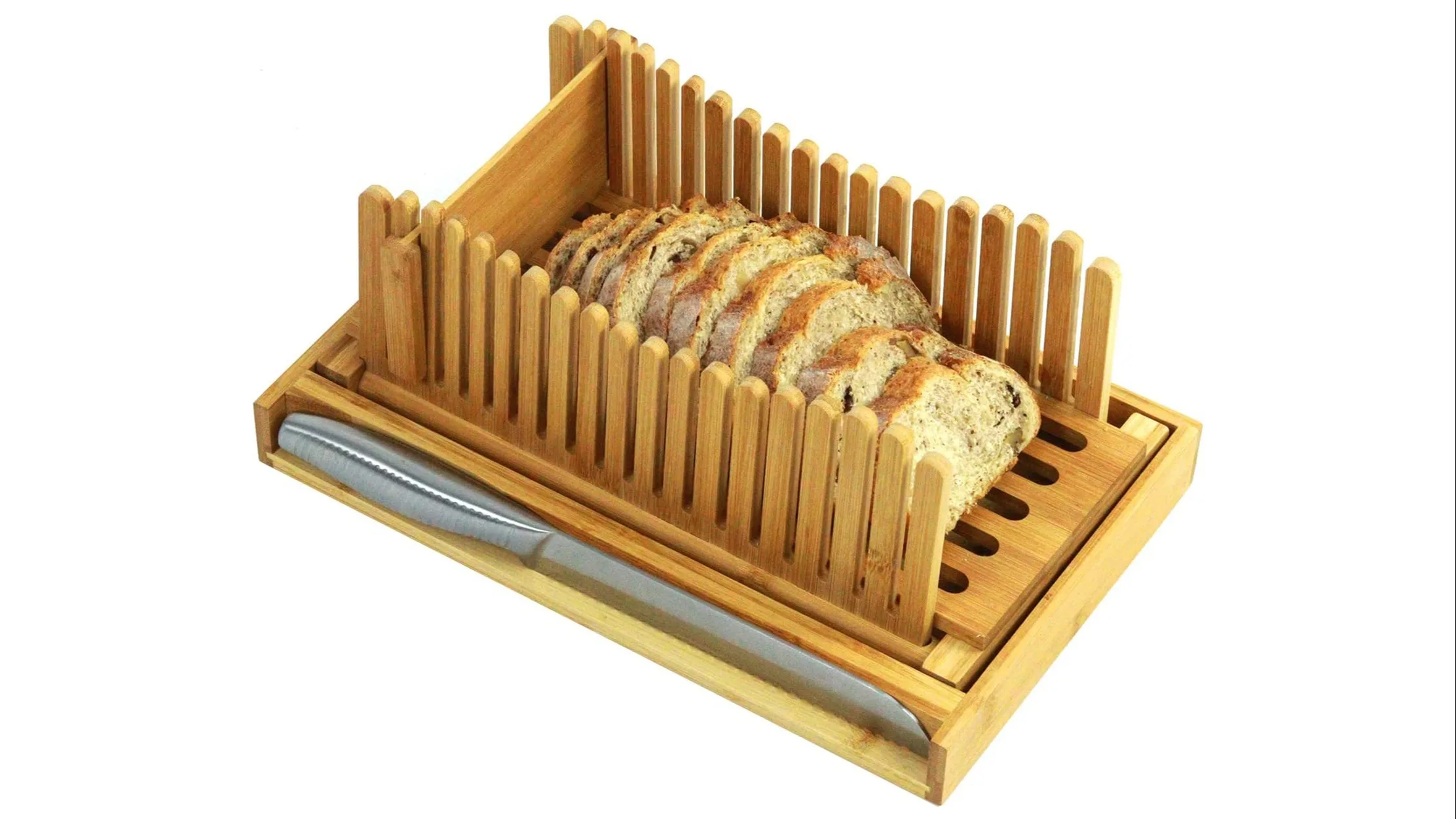 Bamboo Wood Compact Foldable Bread Slicer Loaf Cutting Board & Adjustable Bread Slicing Guide with Crumb Catcher Tray for Homemade or Bought Bread Cakes Bread Slicer Machine #ZDMBQPJ 