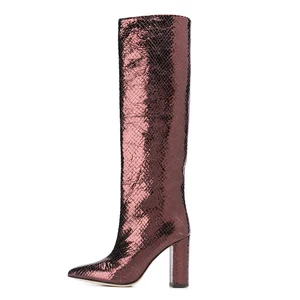 Women Pointed Toe Snake PU Leather Chunky Block High Heel Knee High Long Boots