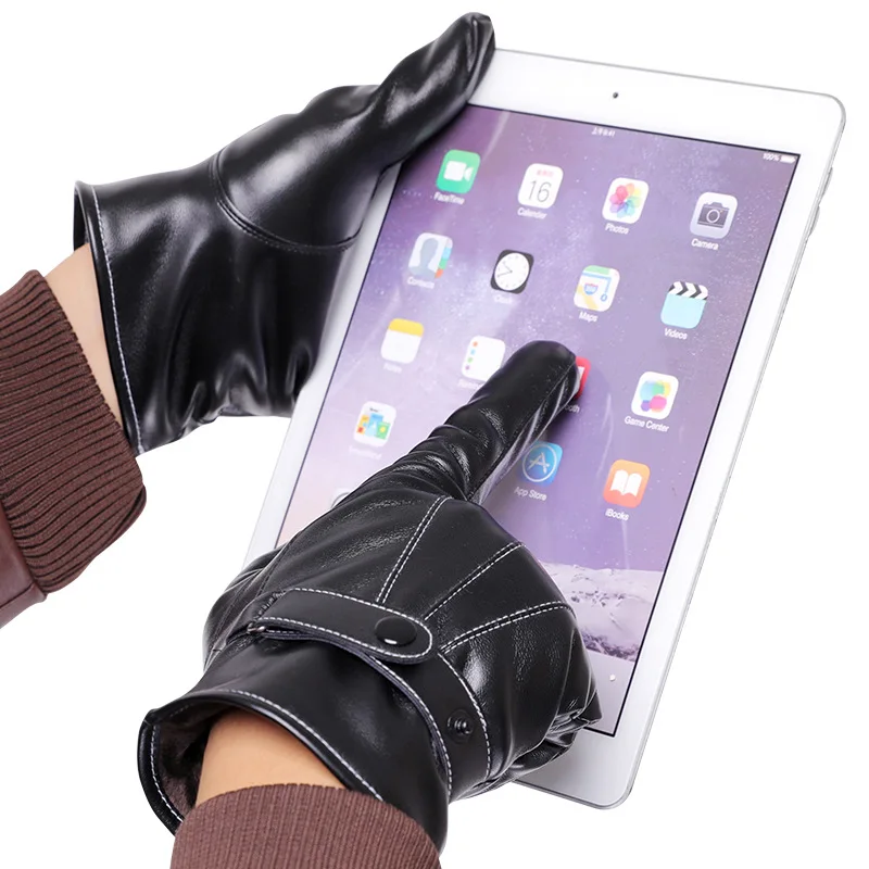Зимние теплые перчатки из искусственной кожи с подкладкой Мужские кожаные сенсорным экраном текстовые для вождения на открытом воздухе меховые