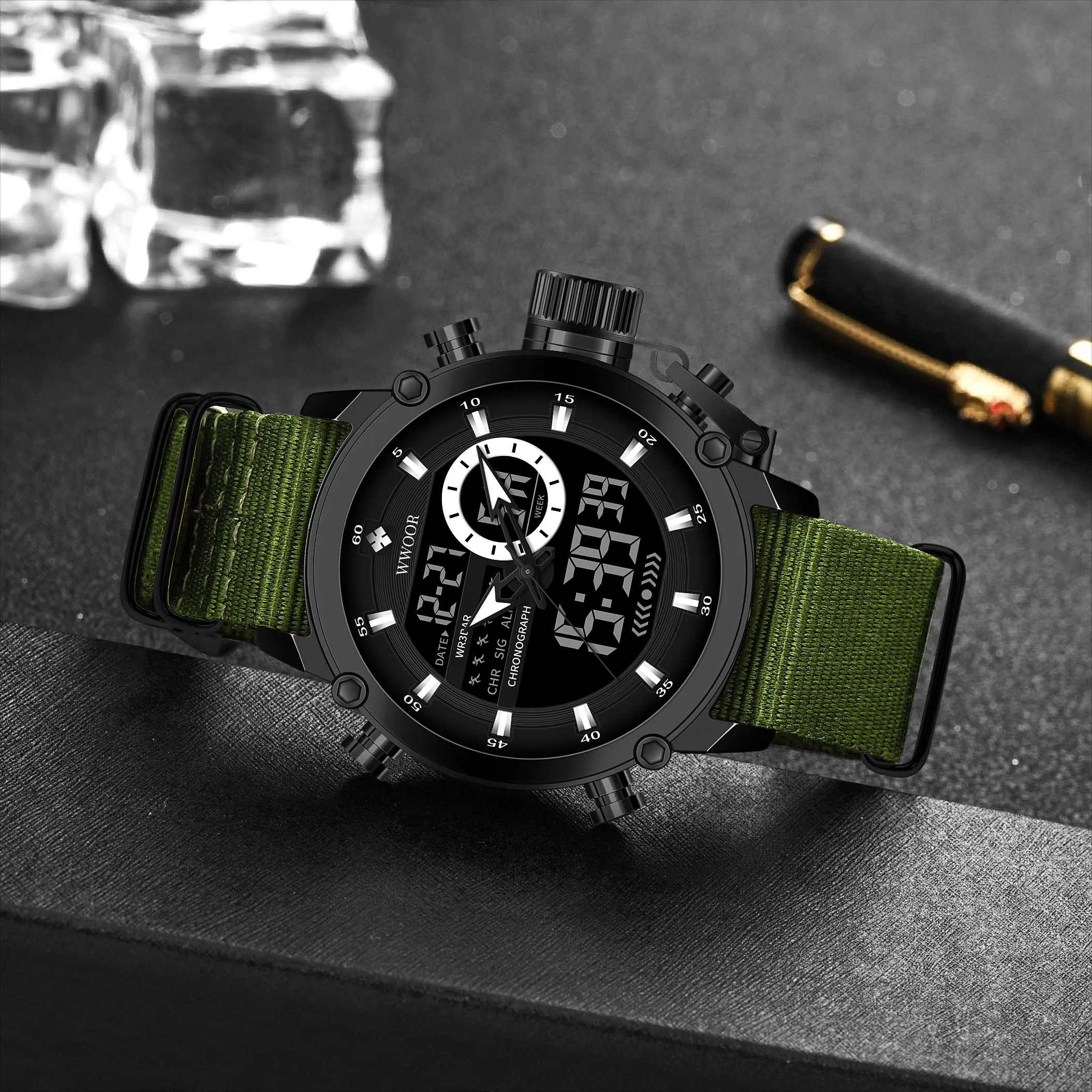 WWOOR 8882 Business Double Movement Men Dual Display Watches Band Wrist Watch Digital Watches Waterproof Alarm Chronograph Nylon