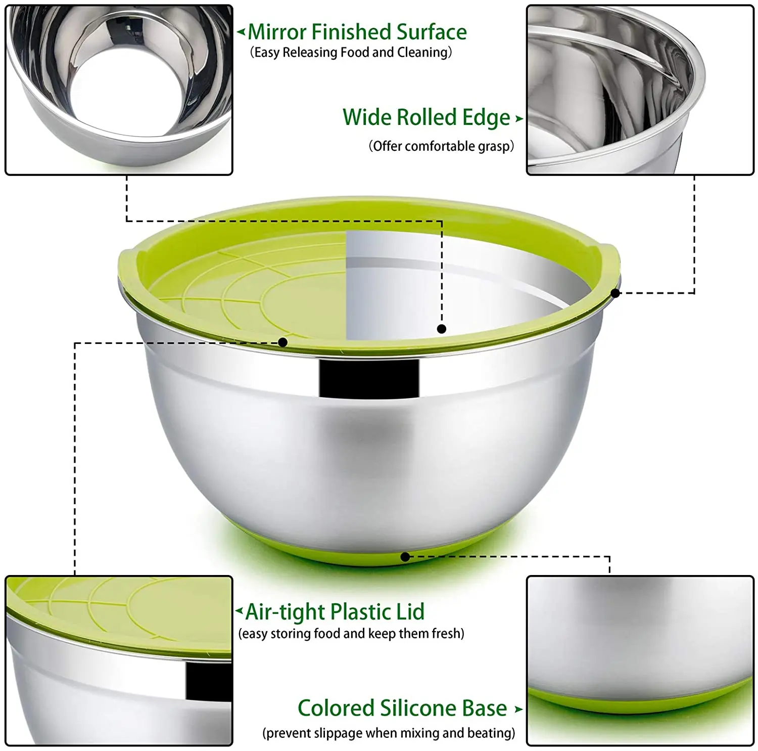 Stainless Steel Mixing Bowls (Set of 5), Non Slip Colorful Silicone Bottom  Nesting Storage Bowls, Polished Mirror Finish For Healthy Meal Mixing and  Prepping 1.5 - 2 - 2.5 - 3.5 - 7QT 