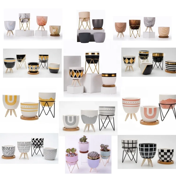 Mini Nordic Style Succulent Garden Ceramic Flower Pot With Iron Stand