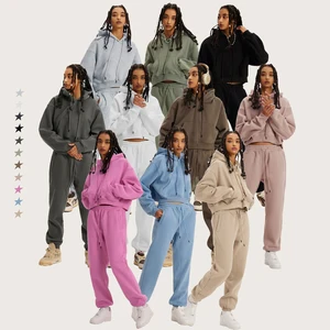 Huilil Customized 2025 Winter Women's Short Tracksuits Heavyweight Fleece Cotton Pullover Solid Color Hoodies Sweatpants Terry