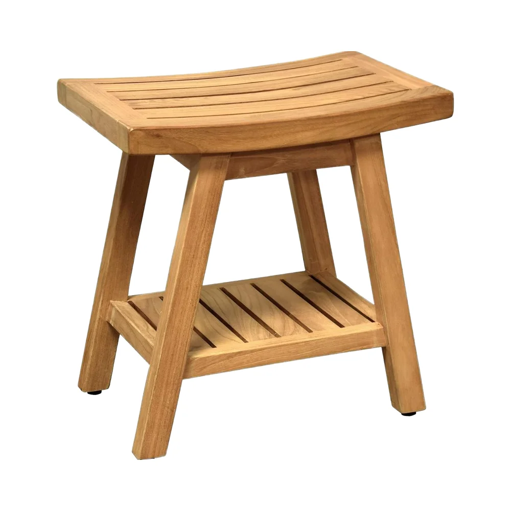 Teak Shower Bench with Shelf 2-Tier Waterproof Shower Stool for Bathroom Non-Slip Spa Seat for Elderly & DisabledShower Chair