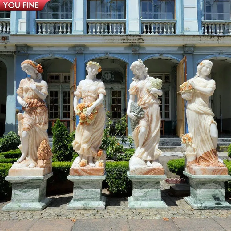 Famous Design Outdoor European Style Hand Carved Mixed Red & White Marble Stone Statue Four Season Gods Sculpture