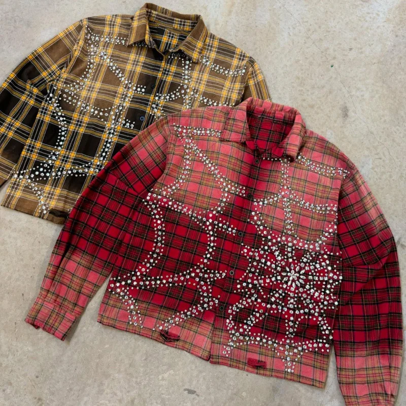 Vintage Plaid Button-Down Shirt Adorned with Sparkling Rhinestones & Eye-Catching Crystal Embellishments details
