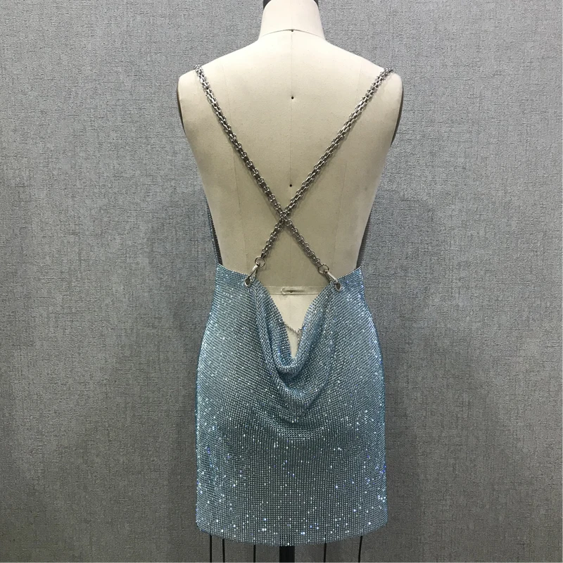 Party Metal Chain Shiny Blue Crystal Dress