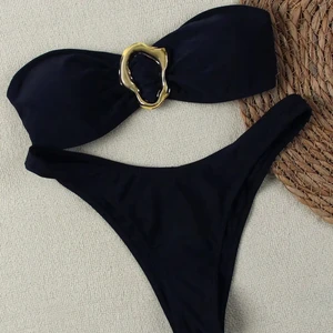 2026 European American Design V-Neck Bikini Solid Color Split Tube Top Bandeau Bra Metal Accessories High Waist Swimsuit Suit