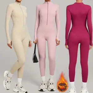 Women One Piece Long Sleeve Half Zipper Sports Bodysuits Workout Gym Long Sleeve Winter Warm Yoga Jumpsuit