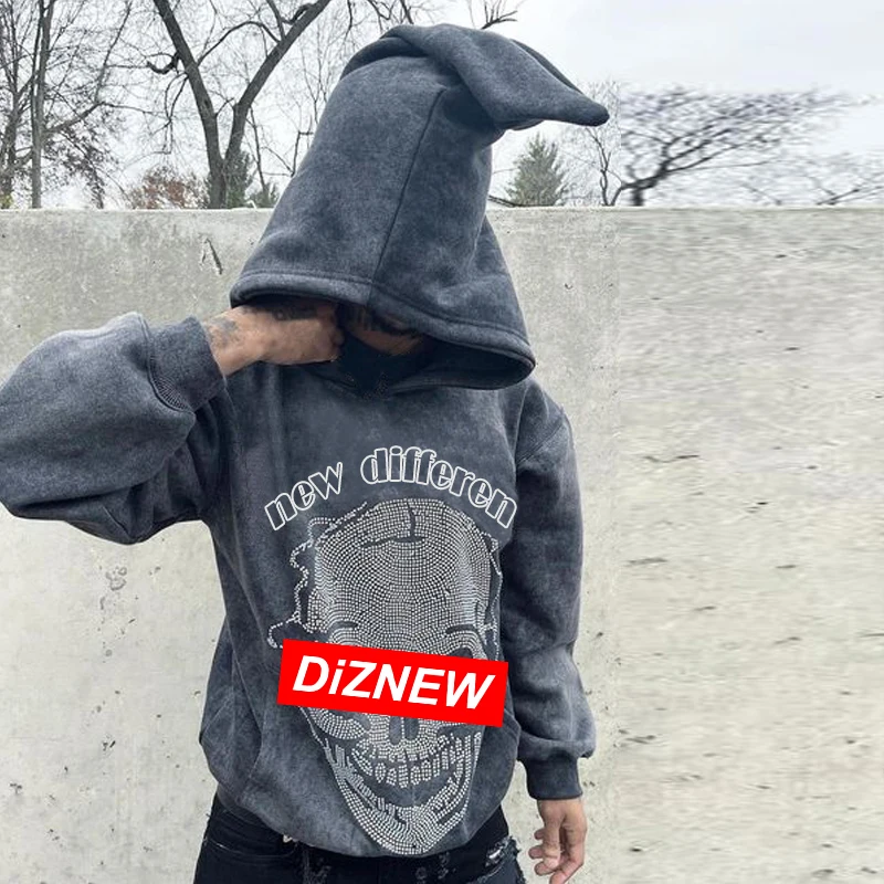 DIZNEW Low Moq Custom Puff Print Hoodies Men Streetwear Black Wash Water studded Denim Hoodie 500 Gsm