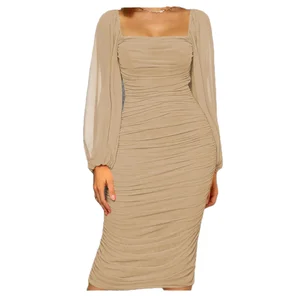 One-Step Light Long Midi Dress Square Collar Split Casual Sexy Elegant Style Mesh Printed  Party Dress Shirring Bodycon Vestidos