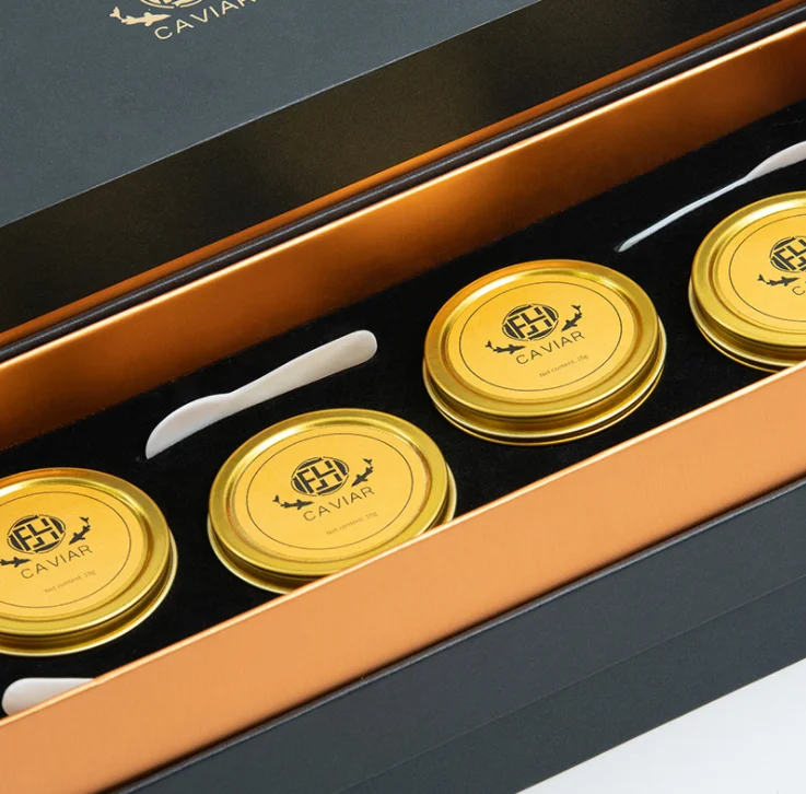 Wholesale metal 50g gold round empty caviar tin box spoon custom caviar tins can for caviar packing with tin lid manufacture