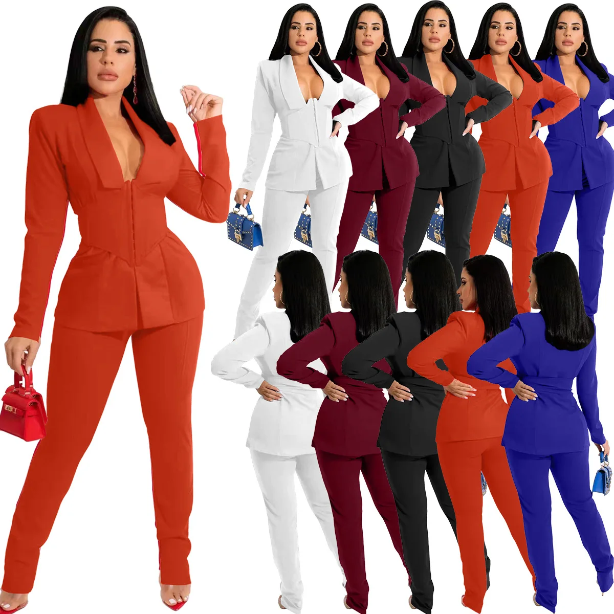  ZZSRJ Ladies Business Suit Casual Two Piece Corset Blazer  Office Clothing Matching Set (Color : 02-Red, Size : XX-Large) : Clothing,  Shoes & Jewelry