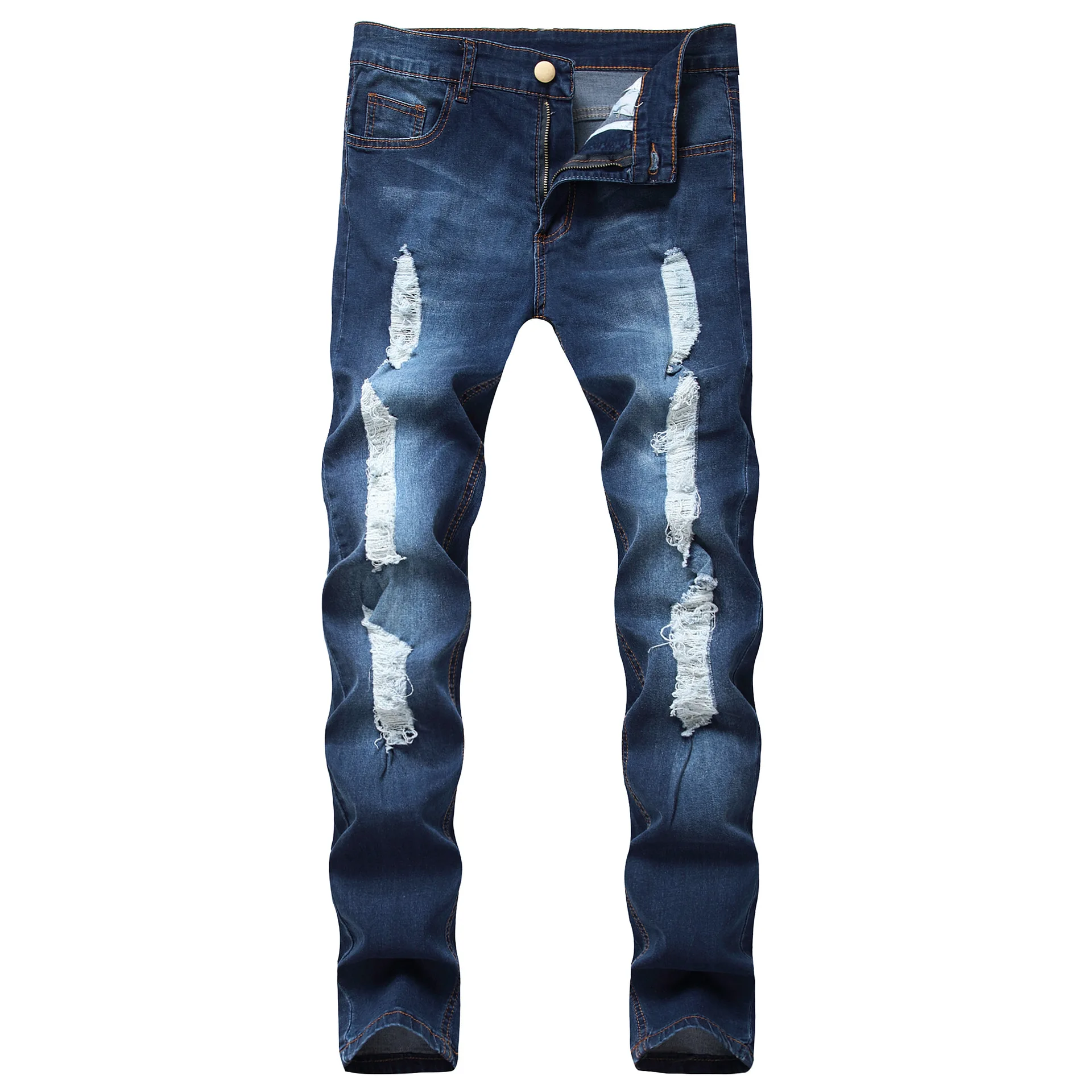 Best Quality Men's Hole Jeans Light Blue Straight Cylinder and Big