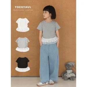 YOEHYAUL CD1665 Girls Summer Cotton T-Shirt Solid Lace Hem T-Shirt Short Sleeve Stretchy Breathable Teen Short Tops for Kids