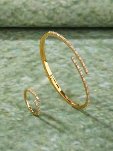 Anniversary Wedding Engagement Party Jewelry Set Designer Pattern Rhodium Plated Zircon Bracelet & Ring Suite