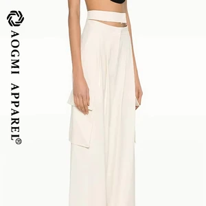 AOGMI Haute Couture Fashion Ladies Multi-Pocket Street Girl White Straight Leg Wide Leg Casual Jeans Spandex/Cotton