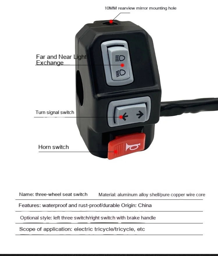 Electric Tricycle Handlebar Seat Assembly Switch Car Horn Headlight