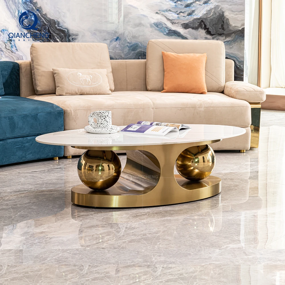 Dubai Design Coffee Table High-end Villa Custom Villa Hotel Home Furniture Oval Marble Stainless Steel Base Gold Center Table