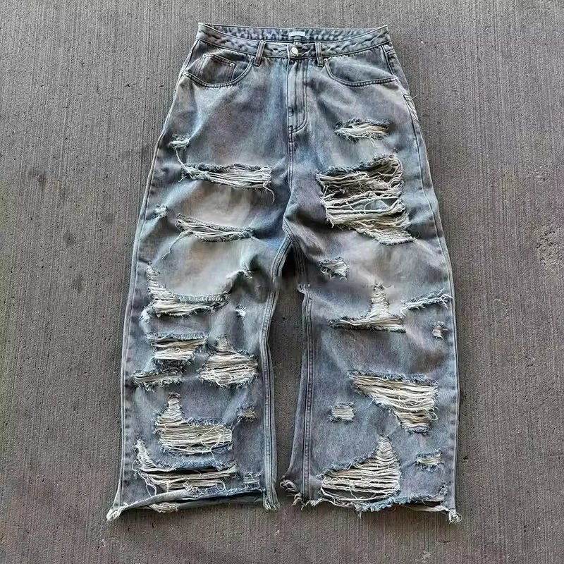 SALATI Street Wear Custom Vintage Wash Hole Baggy Ripped Distressed Jeans Denim Pants for Men Trousers gallery 5