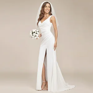 Sexy Sleeveless V - Neck Wedding Dress with High Slit and Chapel Train European Minimalist Style