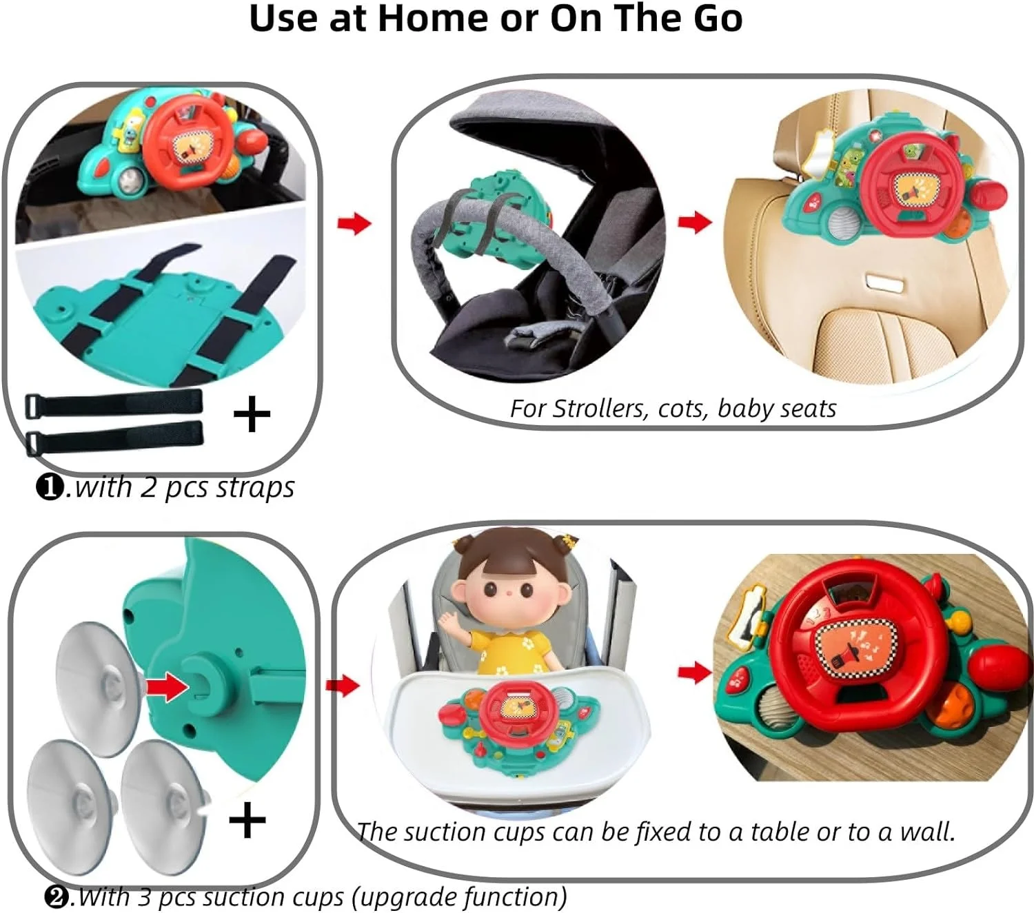 Toddler Steering Wheel Toy Simulation Driving Function Turn Signals Horn  and Music for Stroller Baby Car Seat Toy