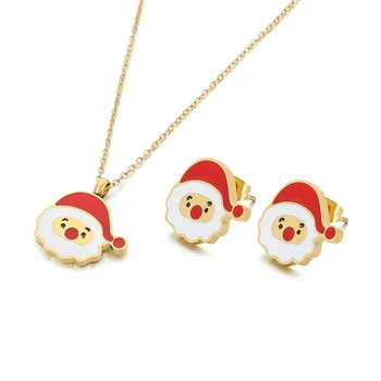 Christmas Series Cute Santa Claus Stainless Steel Enamel Earrings Necklace Jewelry Set