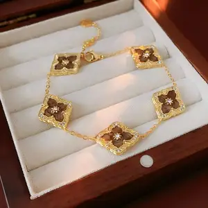 Diamond 4 Four Leaf Clover Bracelets Trendy Gold Plated Copper Zircon Bracelet Jewelry Chain Fancy Jewellery for Ladies Women