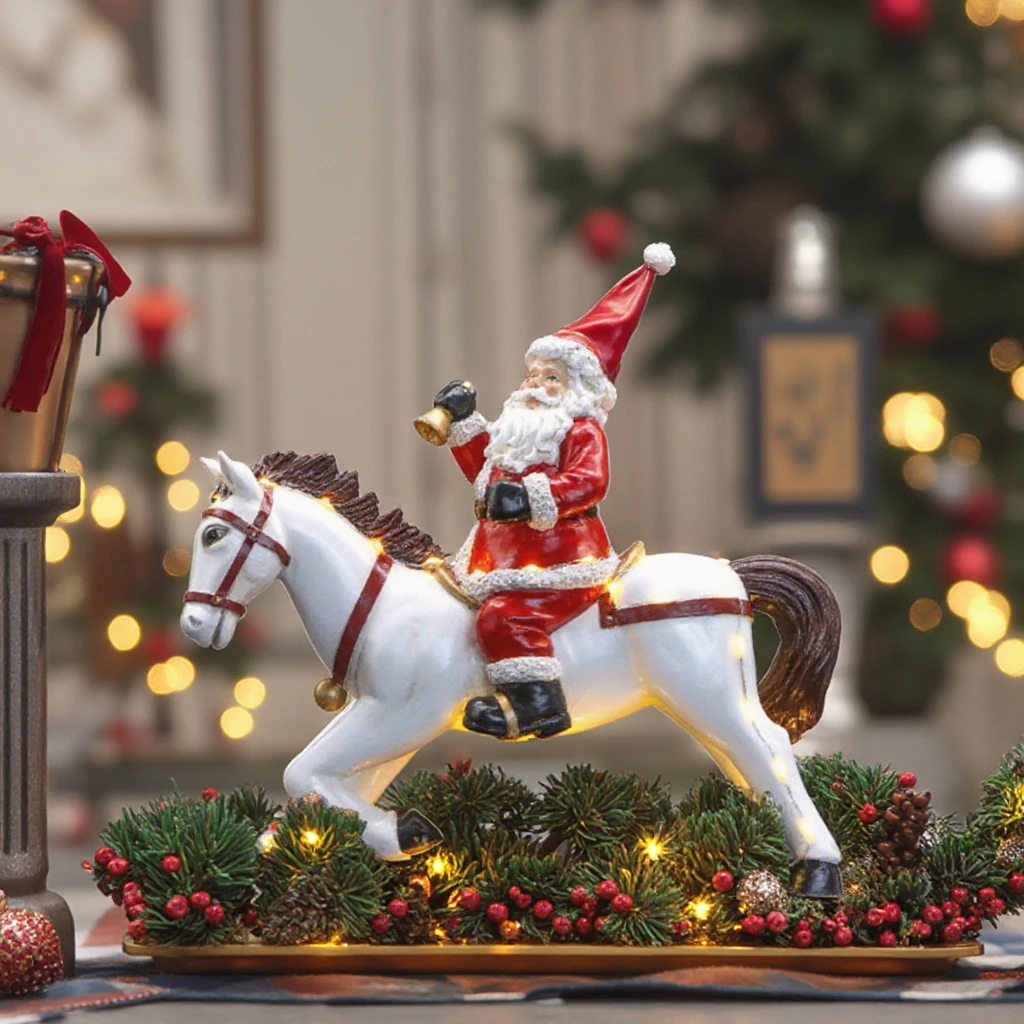 Led Light Hand Painting Craft Santa on Rocking Horse with Figurine Moving Resin Sculpture Battery Operated for Christmas Decor