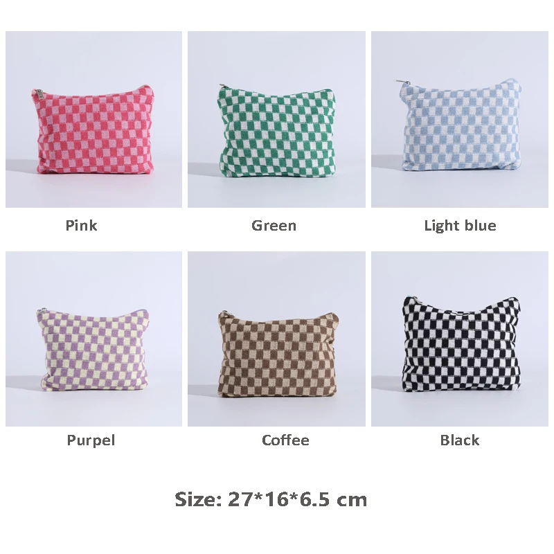 Popular Colors Checkered Board Makeup Bag Knitted Zipper Skincare Storage Bag Portable Large Capacity Cosmetic Bag for Makeup