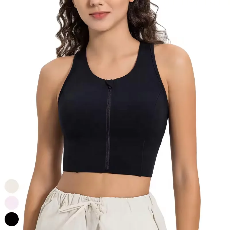 Quick Dry Fixed Pad Mesh Patchwork Yoga Bra Front Zipper Sport Bras High Impact Gym Fitness Tank Top Sports Bra for Women