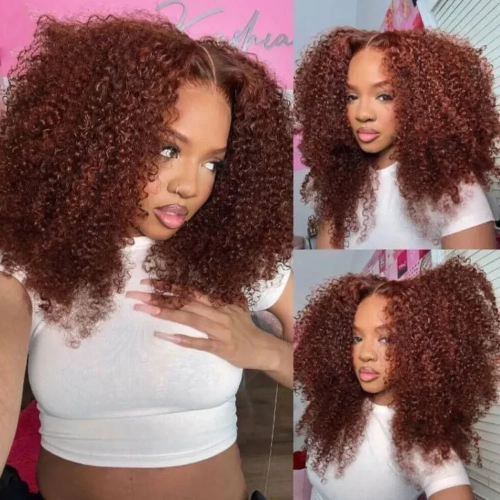 Rötlich braune Jerry Curly Lace Front Perücke Remy Echthaar 13x6 Kinky Curly Glueless Transparent Frontal Perücke_voghion.com