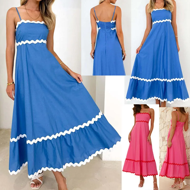 Latest Chic Design Plain Color Zig Zag Apparel Summer Women Casual Elegant Maxi Slip Dresses