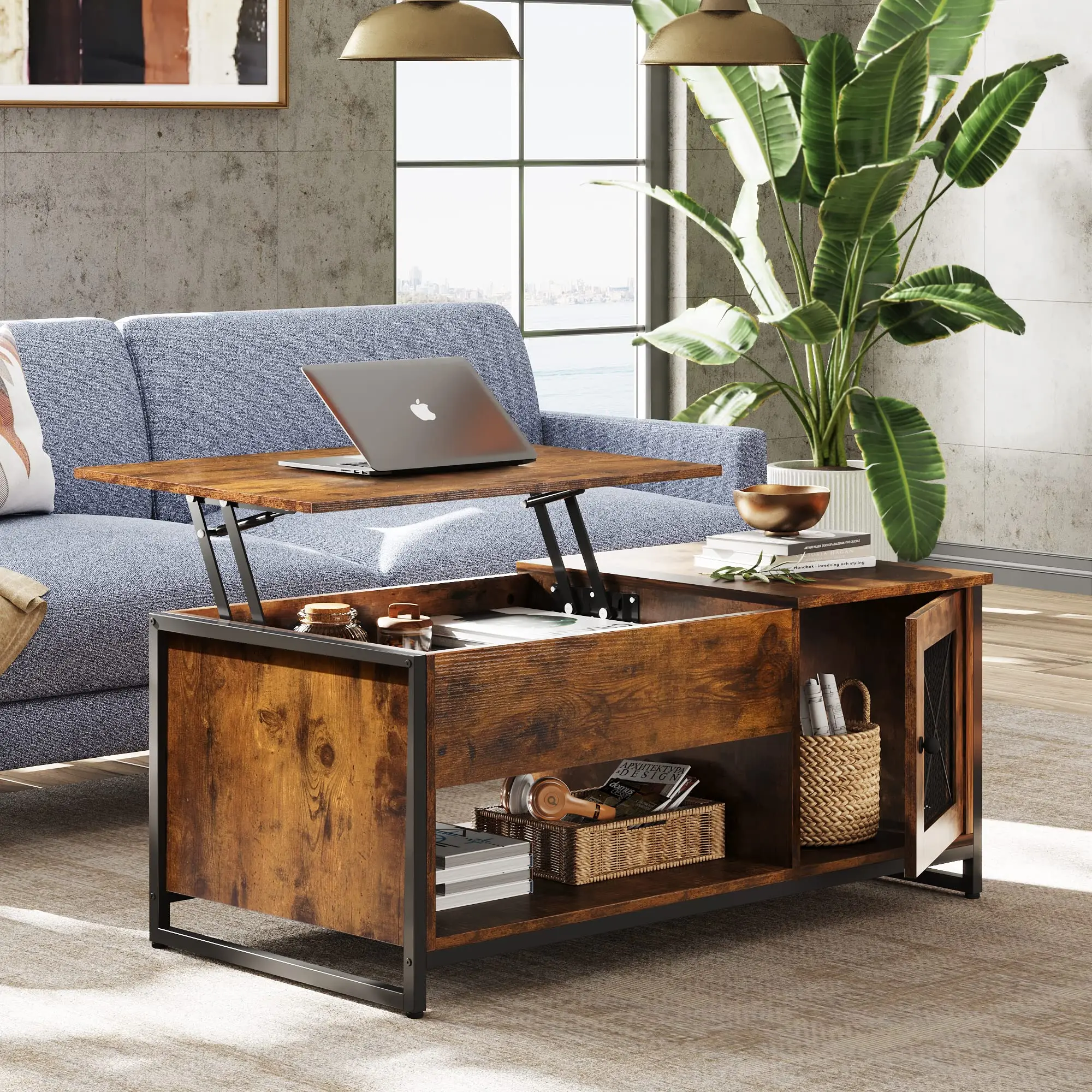 Rustic Brown Table with Storage,Hidden Compartment and Open Shelf with Metal Mesh Door Cabinet Lift Top Coffee Table