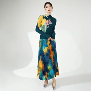 High Quality Pleated Stretch Top and Long Ankle Skirt Personalized Printed Two-Piece Set for Women Plus Size Casual Clothing