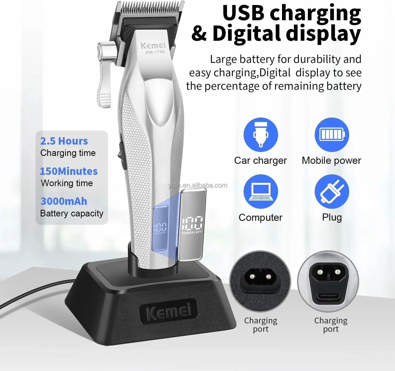 Tondeuse &agrave; cheveux Kemei KM-1798 Real Material avec lame rev&ecirc;tue DLC, base de chargement sans fil et station de charge USB, 9000 tr/min.