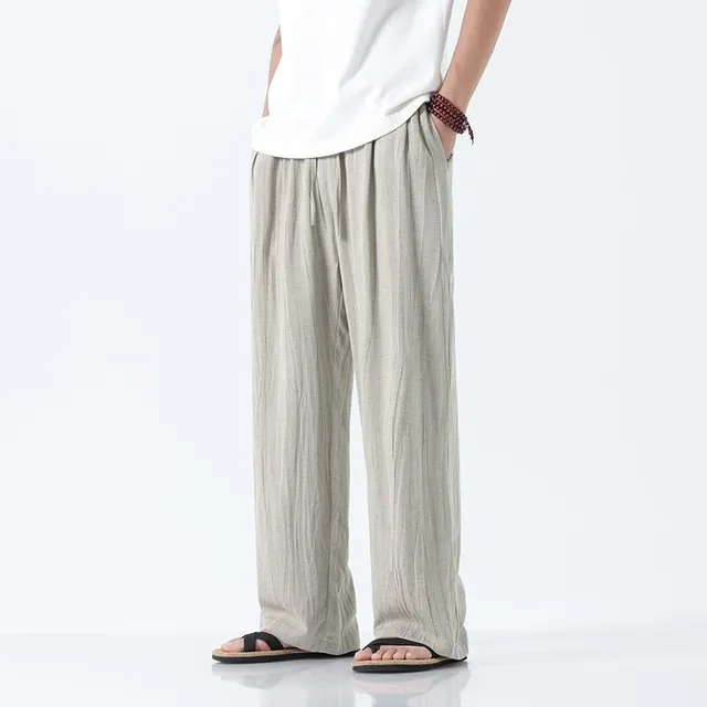 2025 Summer Men's Casual Pants Chinese Linen Lightweight Mid Cute Pleated Trousers Wide Leg Loose Fit Plus Size Straight Leg