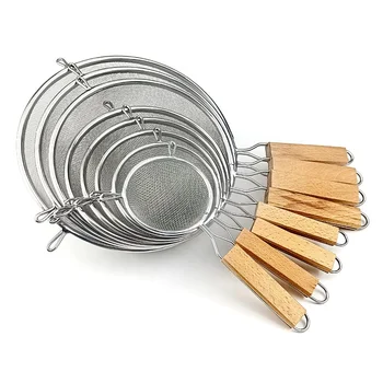 Food safe 12cm Stainless Steel kitchen Skimmer with wooden handle Stainless steel flour sifter