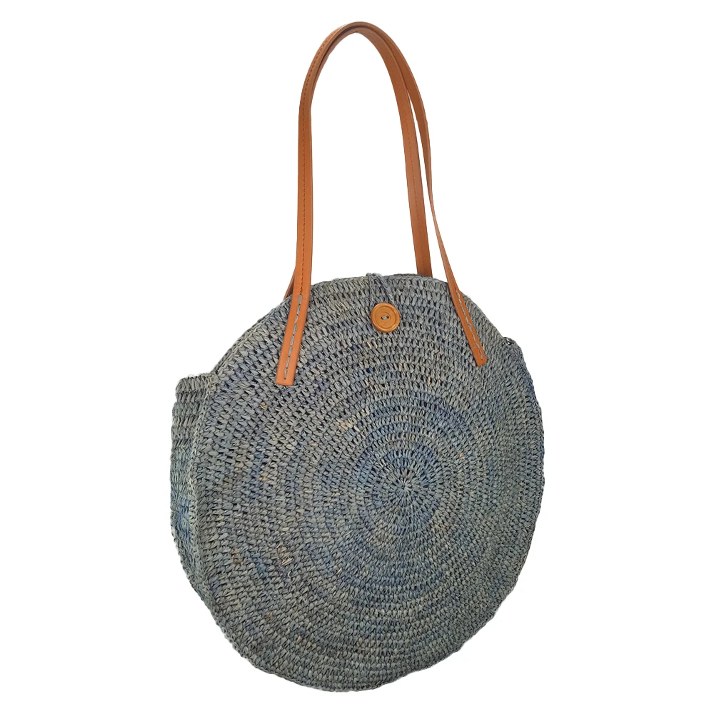 Handmade Round Straw Raffia Tote Bag with Leather Straps