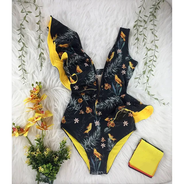 2021件一件泳衣荷叶肩带泳衣海衣泳装植物花卉印花沙拉服