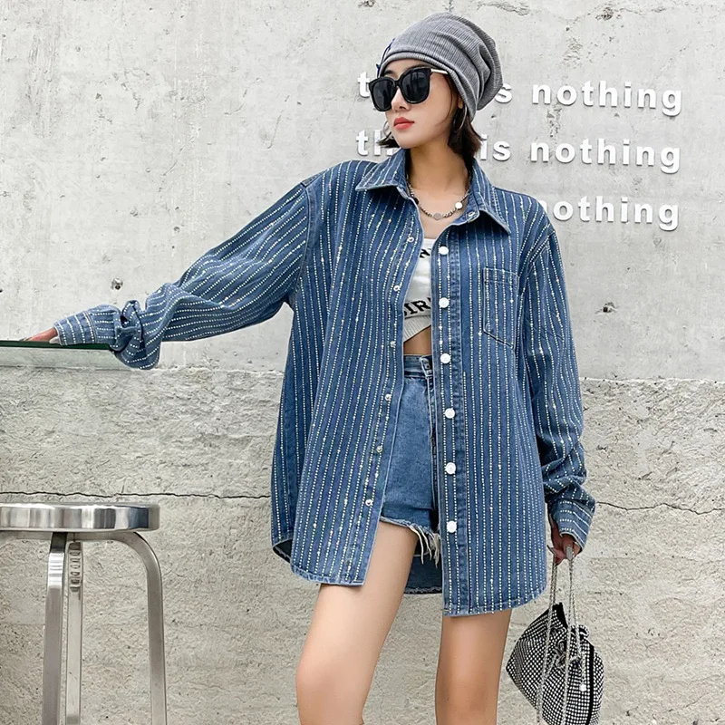 Wholesale 2023 Spring European Striped Crystal Hot Diamond Denim New Loose Casual Versatile Long Sleeve Women's Shirts