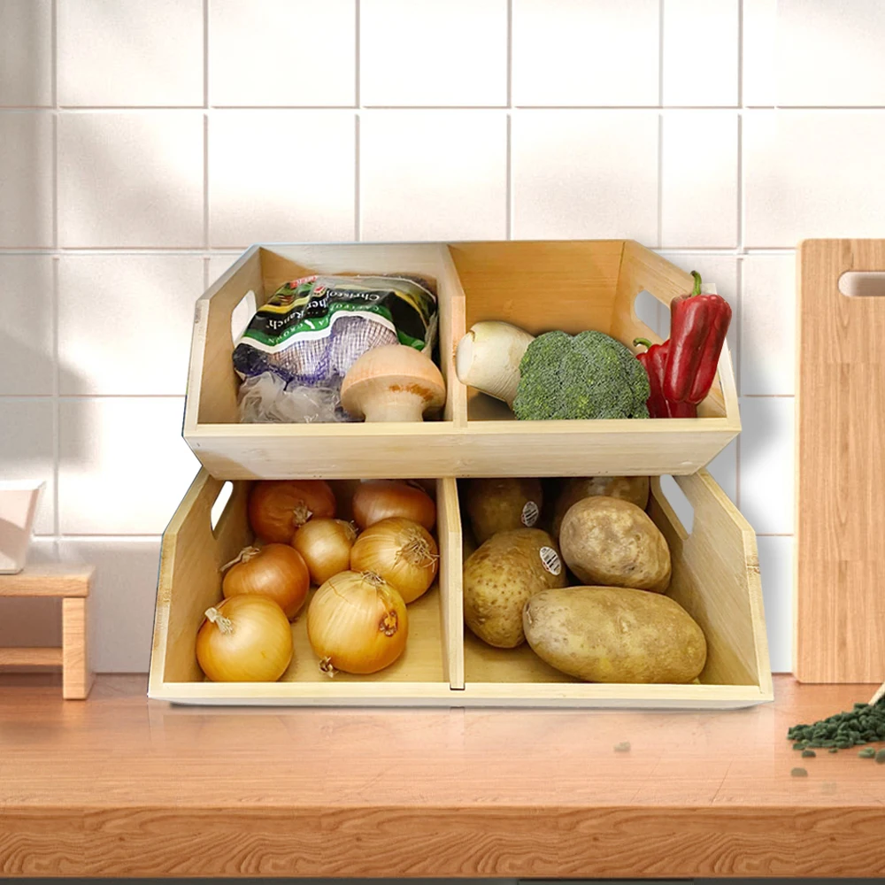 2 Set Bamboo Storage Bin Pantry Storage Baskets Kitchen Organization Ideal  for Potato and Onion Pantry and Vegetable, image size:1000x1000
