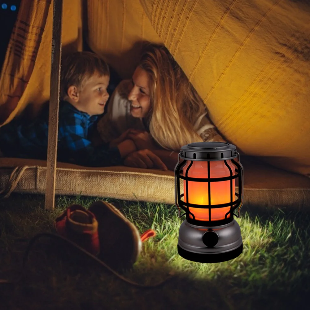 Mini Portable solar Rechargeable LED Flame Tent Hiking Light Outdoor Camping lamp Lantern for Emergency factory