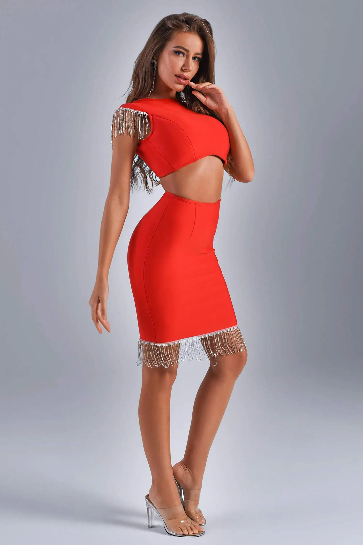 open lace back dress High-Neck Short Homecoming Dress with Beaded Fringe– PromGirl main image 0