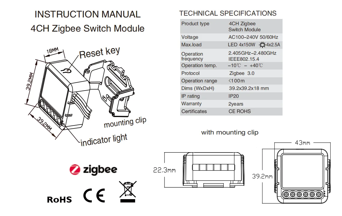 4-gang zigbee wall switch relay