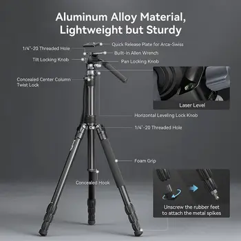 SmallRig CT190 Professional Video Tripod, 72" Camera Tripod with Leveling Base, Monopod Conversion, Video Tripod for Travel detail image