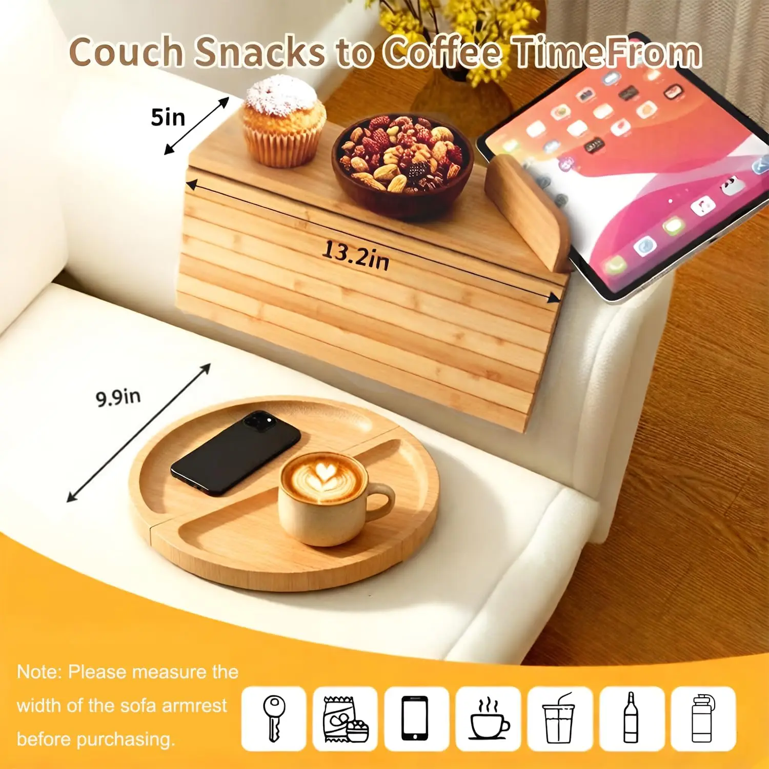 product bamboo sofa armrest tray foldable couch arm table 2 in 1 magnetic rotating couch side tray  sofa arm snack drink tray anti slip-8