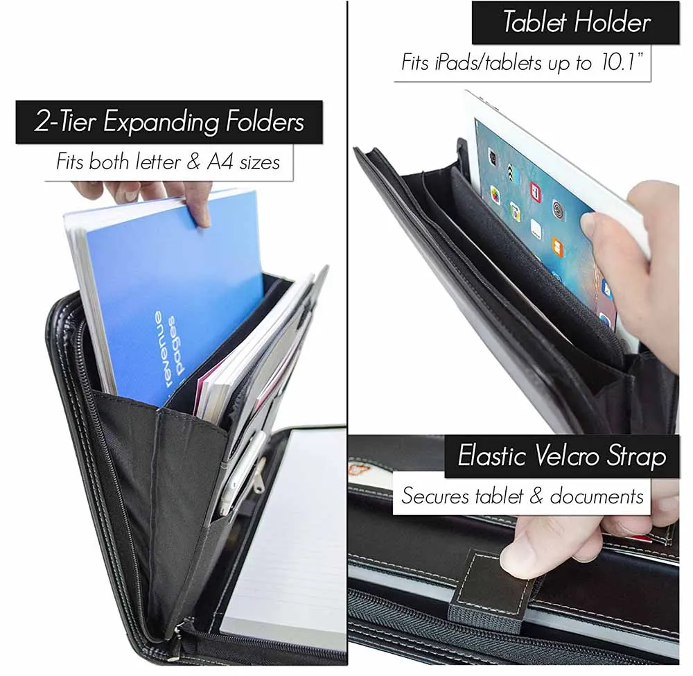 
Pu Leather Zippered Expanding File Folder Padfolio Portfolio Folder For iPad/Tablet (up to 10.1
