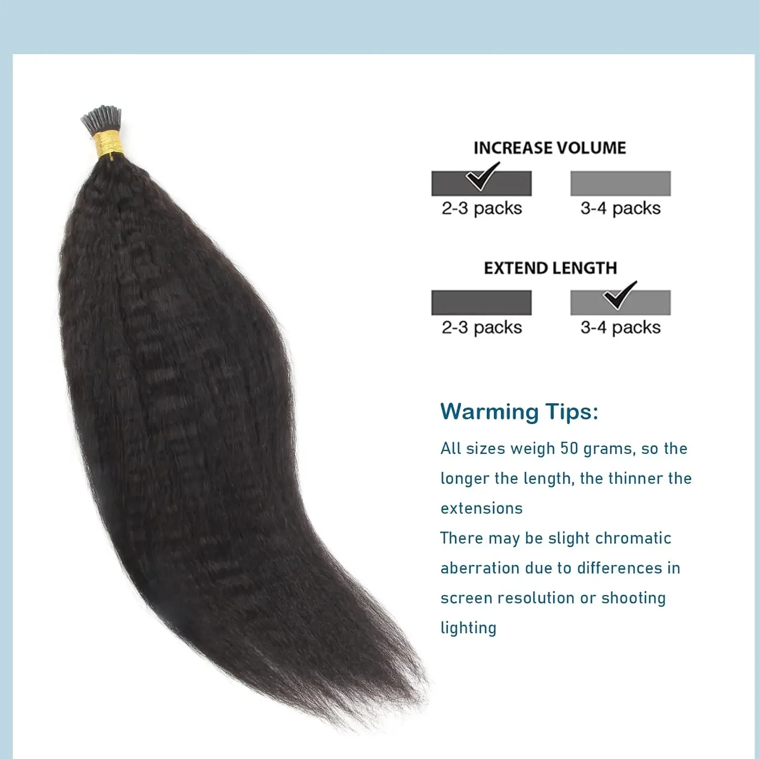 Extensions de cheveux humains crépus raides I Tips couleur noir naturel #1B cheveux brésiliens vierges 100 % vrais cheveux humains 50 mèches 50 g/paquet_voghion.com