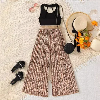 2024 children's clothing girls' solid color vest + Wide leg pleated trousers with belt teenager's suit